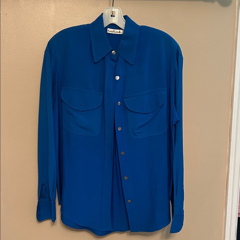 Anne Klein Silk Blue Button-Up Blouse